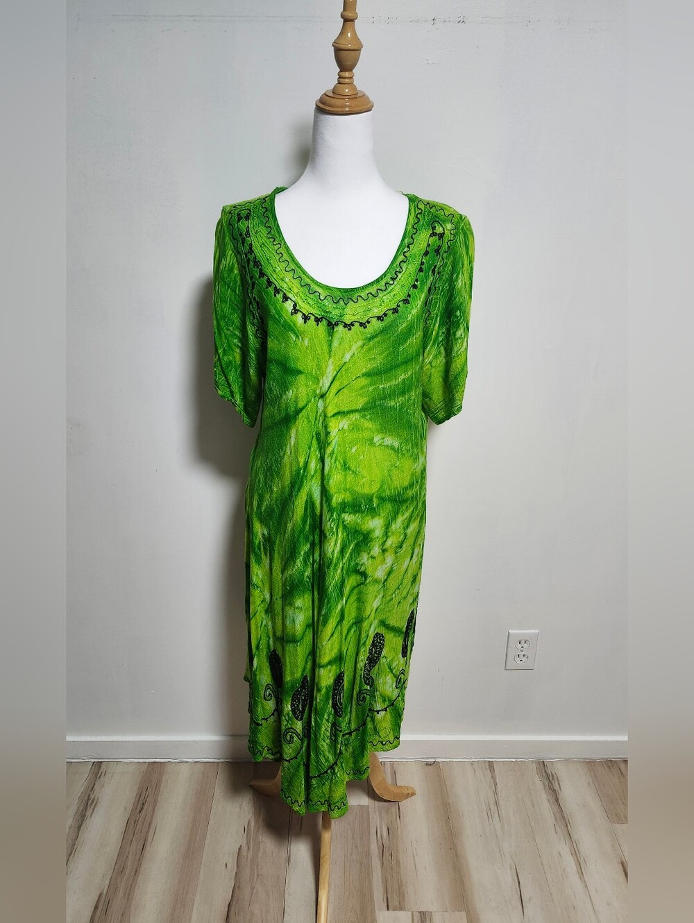 Asha Bright Lime Green Tie-Dye Midi Dress with Embroidered Neckline